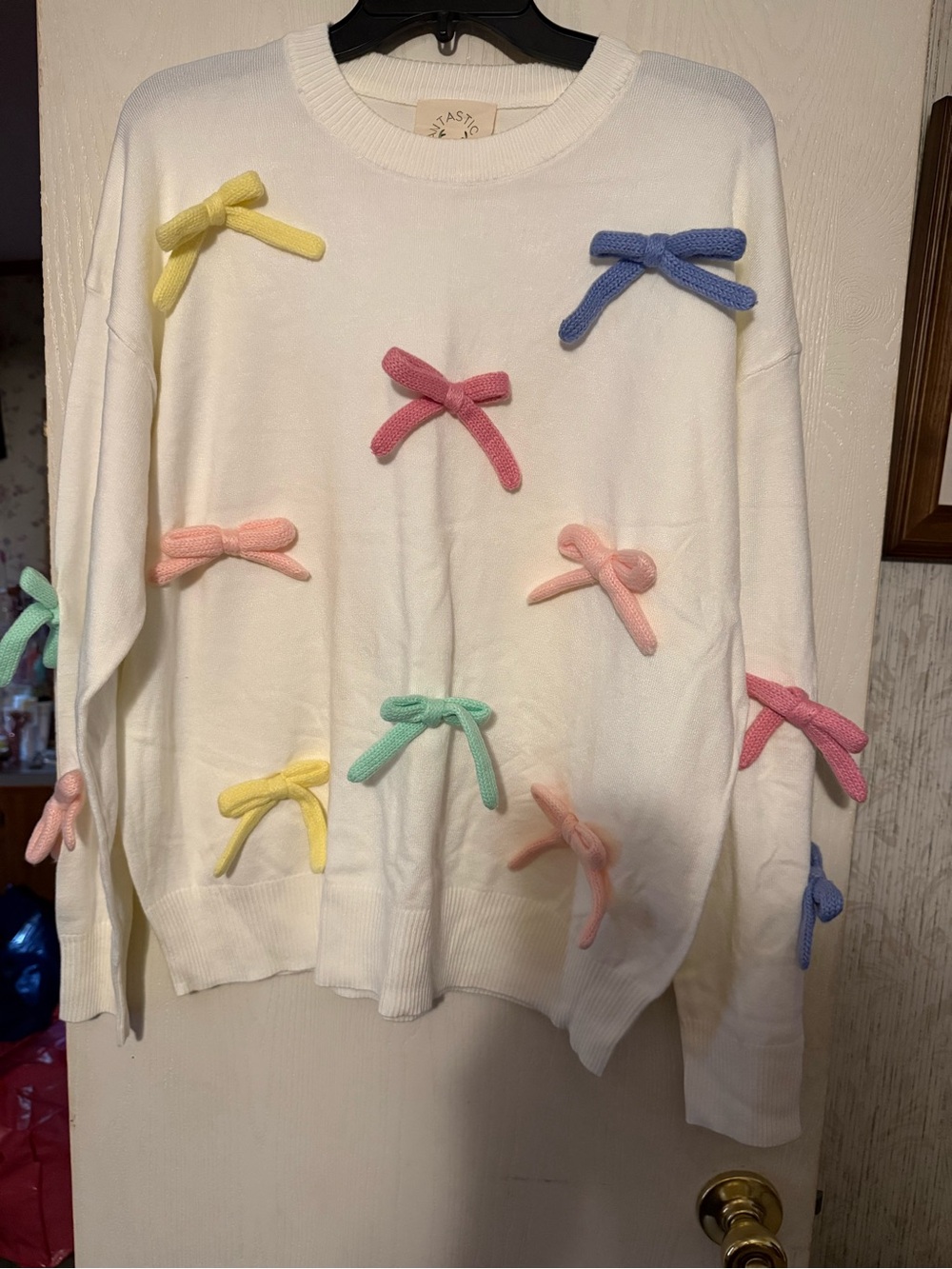 Fantastic Fawn White Crewneck Sweater with Pastel Bow Appliqués